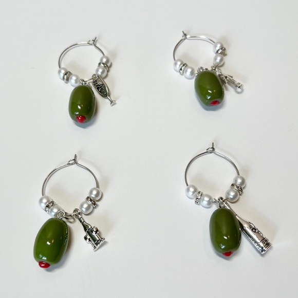 Green Olive Wine Glass Charms – Set of 4 | Martini Party Stemware Markers - Picture 9 of 12